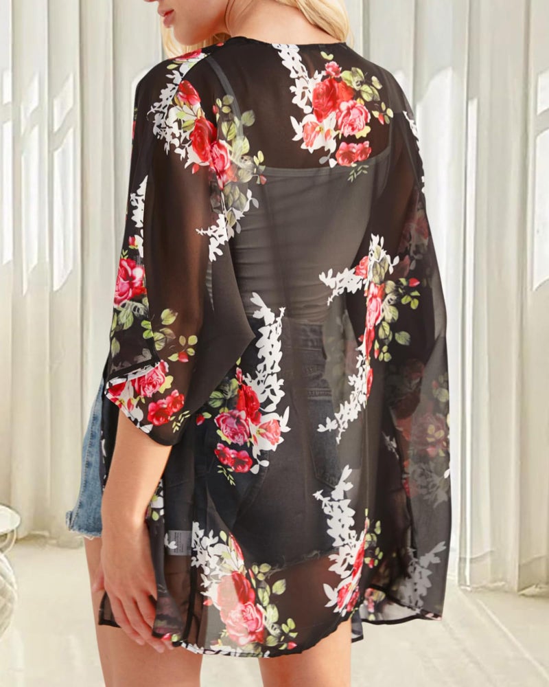 CHICGAL Women's Floral Print Puff Sleeve Kimono Cardigan Loose Cover Up Casual Blouse Tops (Black,2XL) - Image 3